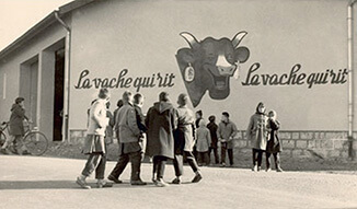 Black and white classic photo of a The Laughing Cow warehouse
