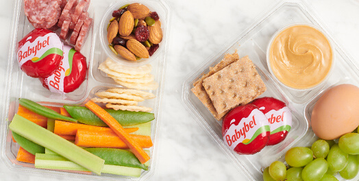 Babybel snack packs with veggies, meat, crackers and nuts
